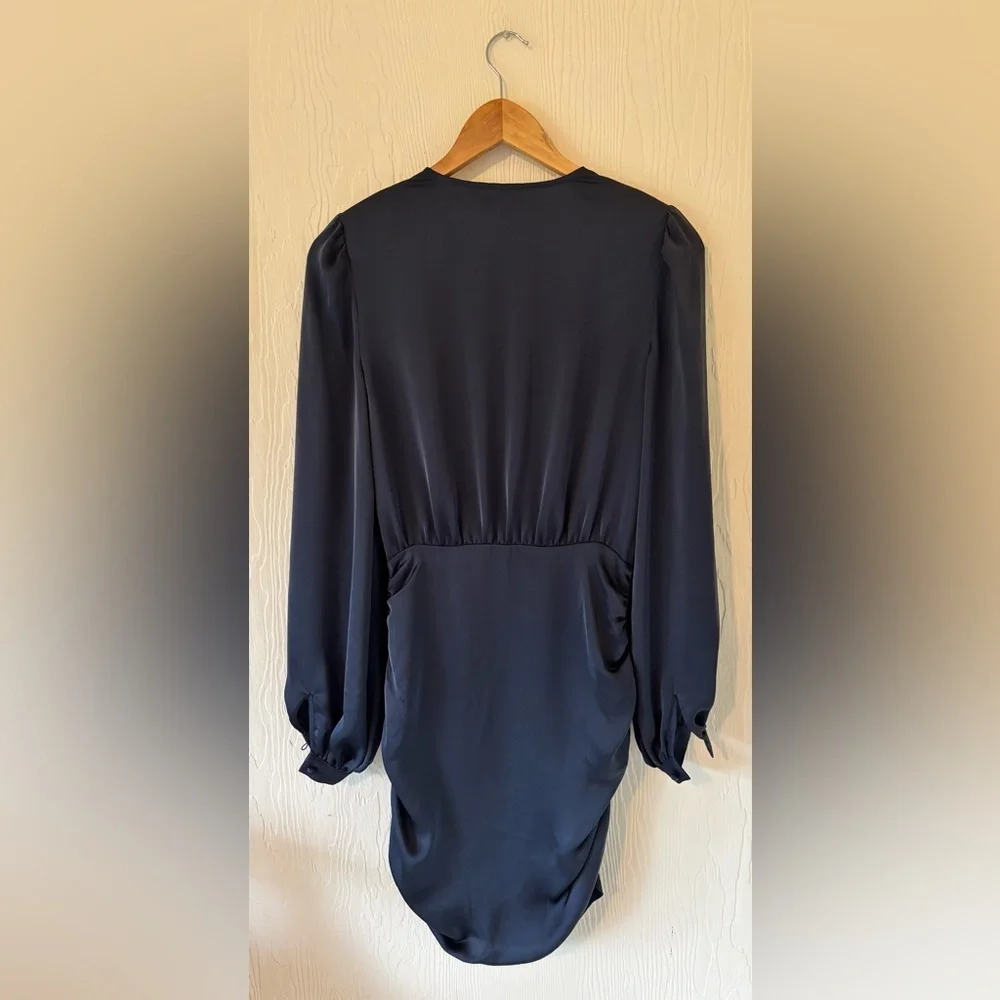 Ramy Brook Foxy Satin Navy Blue Ruched Long Sleeve V Neck Side Zip Mini Dress - Picture 10 of 15